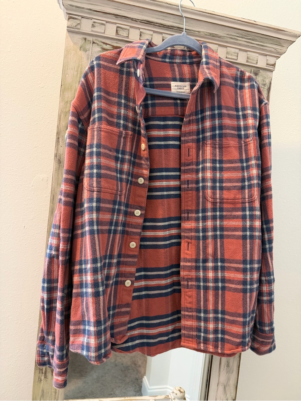 American Eagle Orange and Navy Plaid Flannel Shirt
